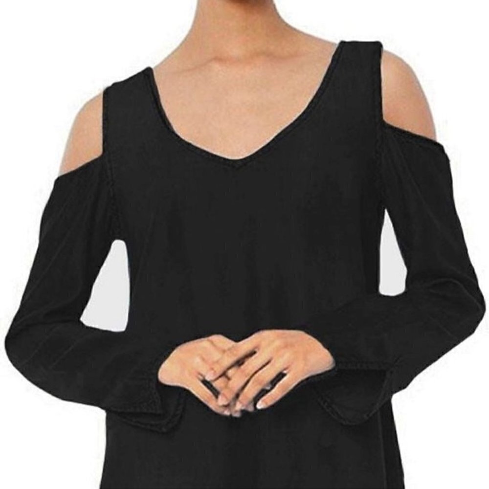 Cloth & Stone Women's Size XS Cold Shoulder Top Black V-Neck Long Sleeve Soft